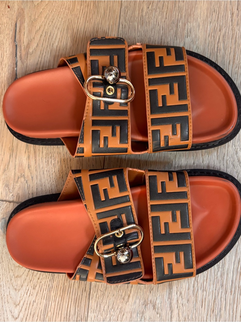 Fendi Orange and Black FF Logo Double Strap Slide Sandals